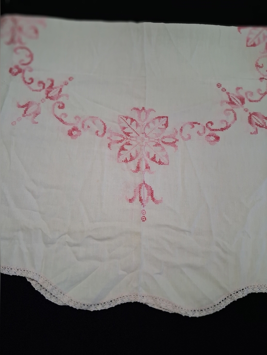 Other - Vintage Round White Linen Table Cover with Pink Embroidery